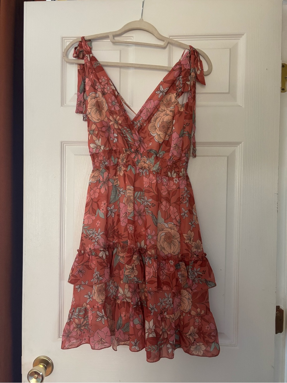 Altar'd State Coral Floral Tie-Shoulder Ruffle Mini Dress
